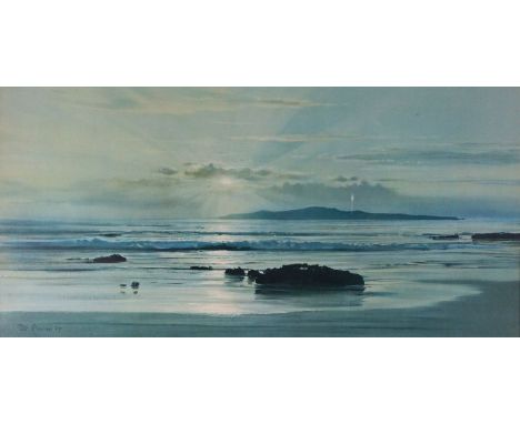 After, Peter Ellenshaw, Sunset Sea, a coloured print, 60x121cm; together with four small engravings of Scottish houses and a 