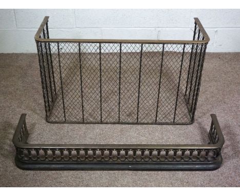 A brass and wire work fire screen, 97cm wide; together with a cast fire curb, 107cm wide (2)