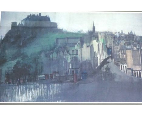After John Piper, a coloured print of Edinburgh Castle, and another similar, together with four decorative pictures of animal