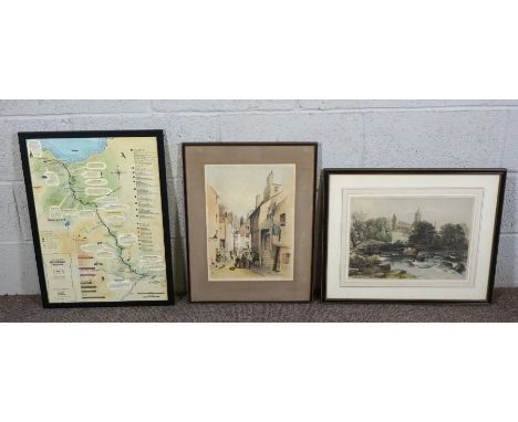 Dunblane Cathedral, a coloured print, 30cm x 40cm; together with a map of the Borders Railway and another coloured print of E