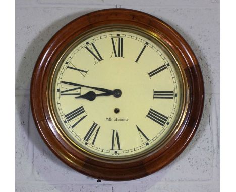 An American Wall Clock, signed Seth Thomas, in Victorian railway style, with circular moulded case and painted dial with Roma