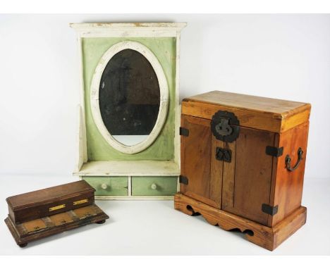 A small oak inkstand, with three sliding brass well covers, 28cm wide, together with a small Chinese trinket cabinet, 38cm hi