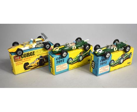 Three Boxed Corgi Racing Cars, Cooper Maserati F1 No.159, Lotus Climax F1 Racing Car No.155 x2 