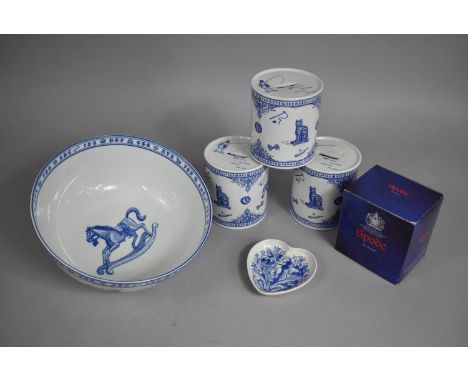 A Collection of Spode Blue and White to comprise Three Edwardian Childhood Money Boxes, Edwardian Childhood Large Bowl and a 