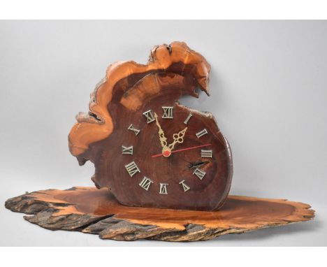A Mid/Late 20th Century Mantel Clock Formed From Sections of Tree Trunk, Battery Movement, 49cms Wide 