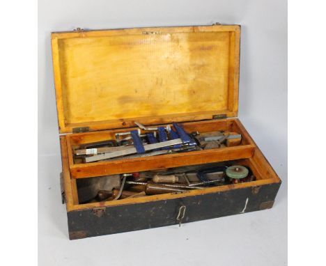A Vintage Wooden Tool Chest with Contents to Include Wooden Handled Tools, Clamps etc 