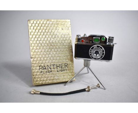A Mid 20th Century Novelty Table Top Lighter in the form of a Camera on Tripod, In Original Box inscribed Panther Flash Light
