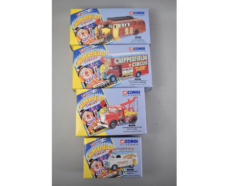 A Collection of Four Boxed New Corgi Chipperfield Circus Vehicles to comprise Scammell Highwayman with Crane, Bedford Pantech