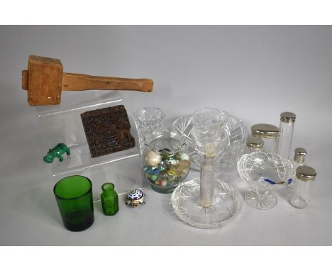 A Collection of Various Items to Comprise Silver Plated and Glass Bottles, Marbles, Vintage Printing Stamp, Mallet, Malachite