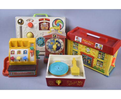 A Collection of Vintage Fisher Price Childrens Toys to include Shop Till, Record Player, Activity Centre, Teaching Clock 