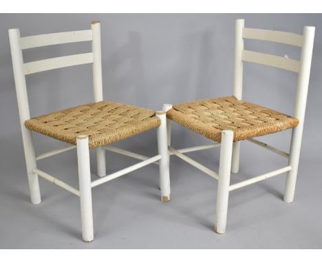 A Pair of Vintage White Painted Rush Seated Children's Bar Back Chairs 