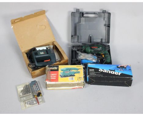 A Collection of Various Electric and Other Tools to Include Bosch Electric Drill, Sanders etc 
