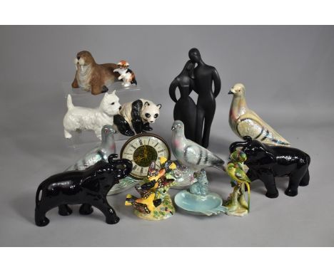 A Collection of Various Animal and Figural Ornaments to comprise Aynsley Walrus, Beswick Terrier, Lustre Pigeon Clock, Beswic