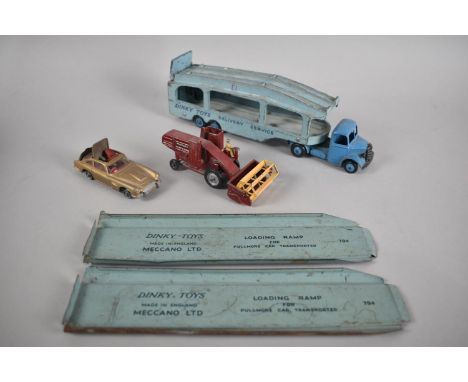 A Vintage Playworn Dinky Toys Pullmore Car Transporter No 982 with Two Loading Ramps together with a Combine Harvester and Co