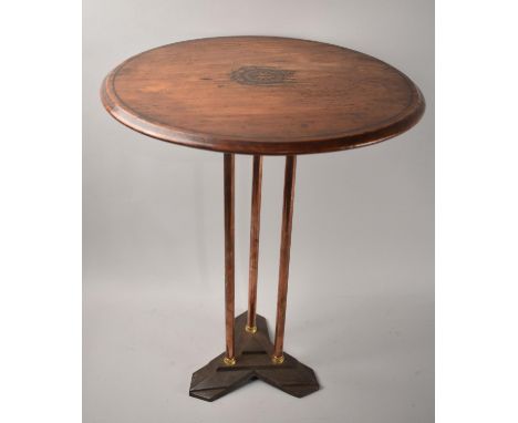 A Copper Brass and Iron Based Tripod Table with Circular Wooden Top having Printed Starburst Decoration, 41cms Diameter and 5