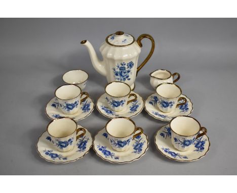Blue Rose Decorated Coffee Set with Lustre Trim to comprise Six Coffee Cans and Saucers, Coffee Pot, Milk Jug and a Sugar Bow
