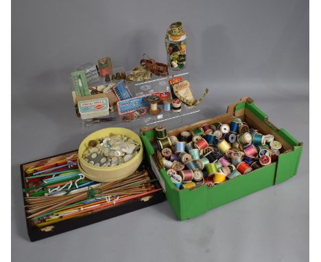 A Large Collection of Various Vintage and Later Sewing Accessories to Comprise Knitting Needles, Cottons, Thimbles, Mother of