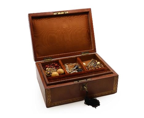 A Victorian embossed leather jewellery box containing a collection of jewellery,to include a pair of gold hollow monochrome c