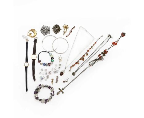 A quantity of silver jewellery, two quartz watches and assorted costume jewellery, to include a hallmarked silver bangle, an 