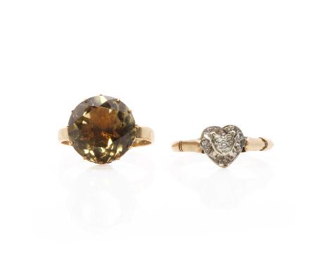 Two 9ct gold rings, comprising a 9ct gold Cairngorm citrine single stone ring, with a circular cut Cairngorm citrine, 12.20mm