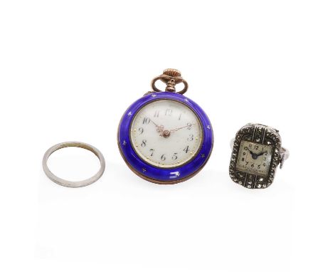 An early 20th century silver gilt guilloché enamel fob watch, by Fauvette,28mm diameter, a white enamel dial, black Arabic nu