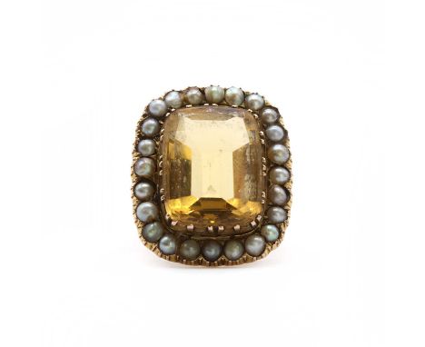 A Victorian gold citrine and split pearl cluster ring, a cushion cut citrine, set to a clawed collet, with a surround of spli