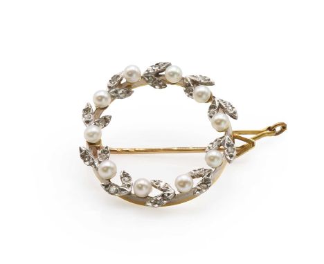 A French 18ct gold diamond and cultured pearl wreath brooch,the garland style hoop of ten 2.50mm bouton pearls, peg set betwe