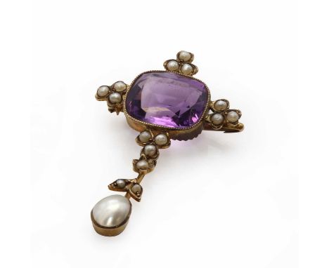 An Edwardian gold amethyst and split pearl brooch/pendant,a cushion cut amethyst bezel set to a millegrain edge, with split p