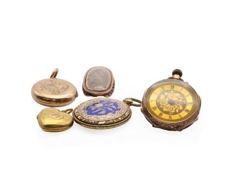 A small collection of lockets,comprising a gold circular locket, stamped 9ct, tested as approximately 9ct gold, 33mm long, a 