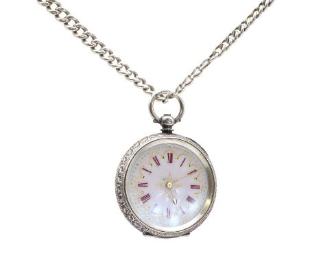 Two silver pocket watches with chains,the first a Swiss watch with white enamel face, dark red Roman numerals, and gold hands