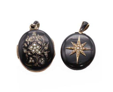 A Victorian onyx and split pearl oval mourning pendant, with applied gold star bead set with graduated split pearls, to locke