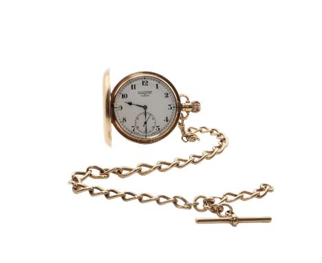 A 9ct gold pocket watch and Albert chain,49mm diameter, a white enamel dial, the dial signed 'W.E.Johnson Birmingham and Dudl