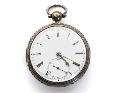 A Victorian silver key wind open faced pocket watch,53mm diameter, a white enamel dial, black Roman numerals, silvered spade 