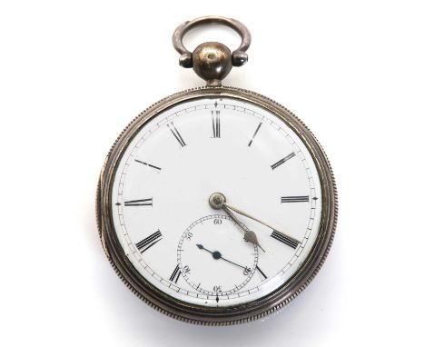 A Victorian silver key wind open faced pocket watch,53mm diameter, a white enamel dial, black Roman numerals, silvered spade 