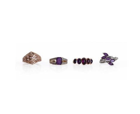 Four gold rings, a 9ct gold five stone amethyst cabochon ring, common control mark 375 Birmingham, a 9ct white gold amethyst 