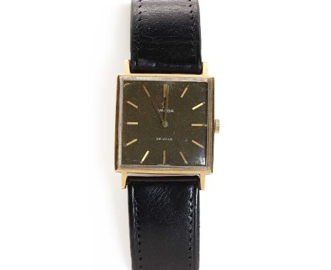A 9ct gold Omega De Ville mechanical strap watch, a plain square case, 25mm x 26mm, a matt khaki green enamel dial, gilt bato