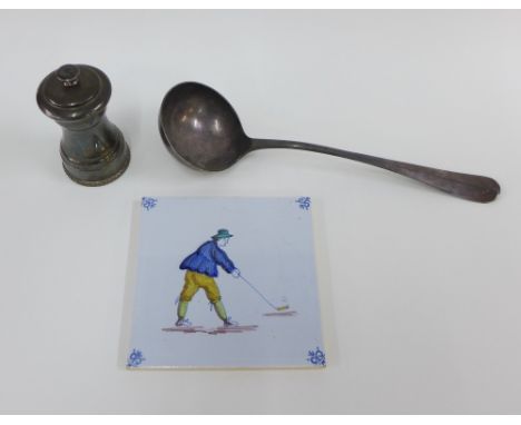 Silver pepper grinder, Birmingham 1960, an Epns Walker &amp; Hall ladle and a Delft 'Golfer' tile (3) 
