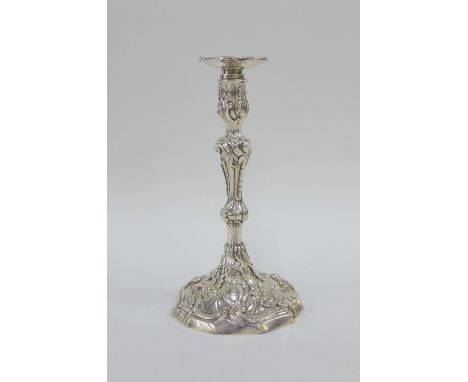 George III silver knop stem taper stick with detachable scone, chased with foliate scrolls and with engraved family crest, Wi