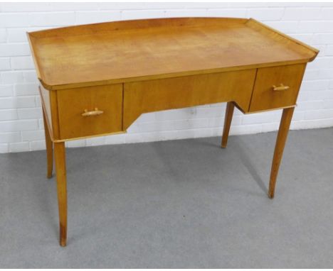 Vintage light oak / beech side table with a curved ledgeback above two short drawers with peg shaped handles, on square taper