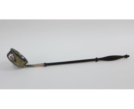 19th century toddy ladle, the bowl with an inset 1826 shilling, with turned wooden handle, 35cm long 