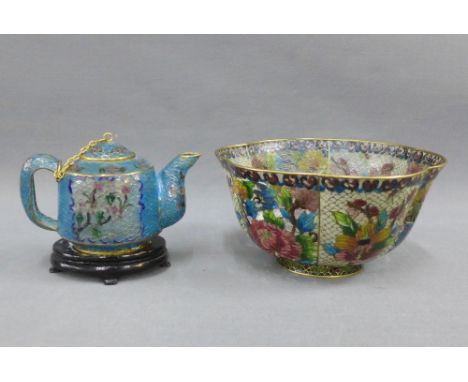 A Chinese plique a jour floral pattern bowl and miniature teapot, 16cm diameter, (2) 