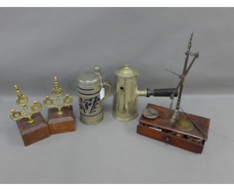 German Westerwald type stein with a pewter cover inscribed 1787, pewter hot chocolate pot, set of scales, etc (4) 