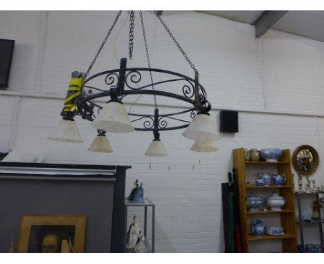 Circular iron ceiling light with six rose patterned glass shades 