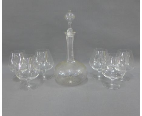 19th century globe and shaft decanter and stopper with six brandy glasses (7) 