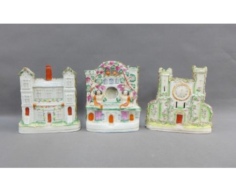 19th century Staffordshire pottery to include a pocket watch stand, cottage and clock tower spill vase, 25cm 93) 