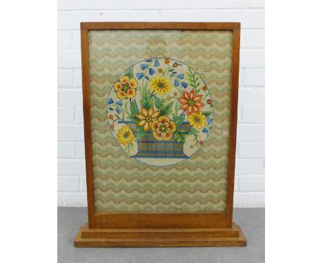 Fire screen with an Art Deco floral needlework panel insert, 50 x 74cm 
