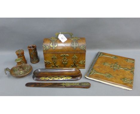 Victorian walnut and brass desk set comprising a stationery box with domed top, page turner, pen tray, blotter, candlestick, 