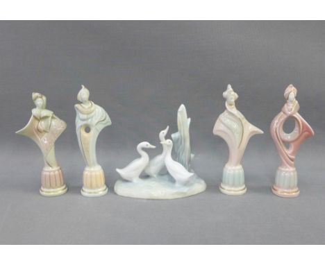 Nao porcelain geese figure and set of four Galos El Aire porcelain figures, 14cm high (5) 