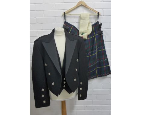 Gents kilt outfit comprising a Prince Charlie jacket, waistcoat, kilt and pair of woollen socks, no size label with light sta