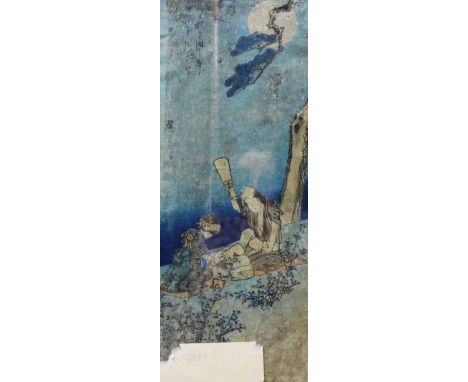 Japanese woodblock print of two figure under a moonlit sky, in a pierced chinoiserie frame, size overall 24 x 42cm 
